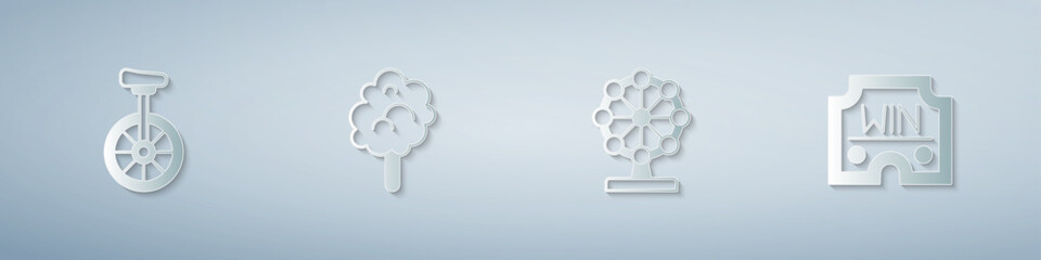 Set Unicycle, Cotton candy, Ferris wheel and Casino win. Paper art style. Vector