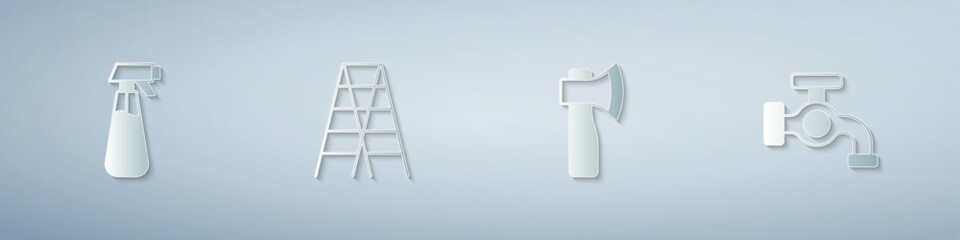 Set Garden sprayer for water, Wooden staircase, axe and Water tap. Paper art style. Vector