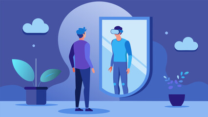 A person standing in front of a mirror but instead of their own reflection they see a virtual representation of themselves that appears more calm.