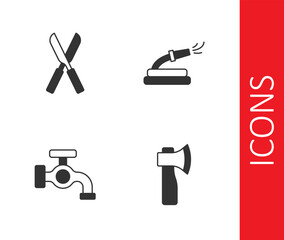 Set Wooden axe, Gardening scissors, Water tap and hose icon. Vector