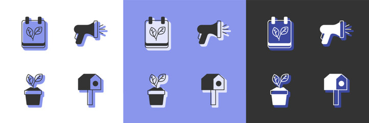 Set Bird house, Calendar with autumn leaves, Plant in pot and Garden hose icon. Vector