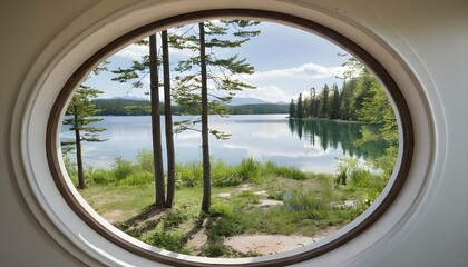 A circular window with views of a serene lake surrounded by trees
