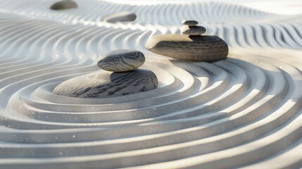 Fototapeta na wymiar Abstract background of minimalist Zen garden with raked gravel, smooth stones, and flowing curves, exuding tranquility.