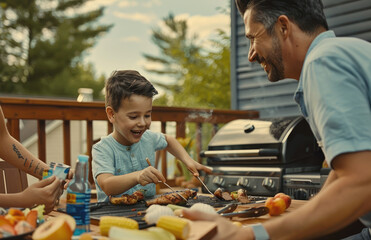 A family is having an outdoor barbecue on the deck of their home