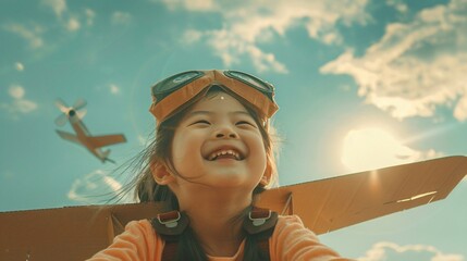Child's Sky Adventure. An Asian child. grinning ear to ear. flies a cardboard airplane across the sky. their eyes sparkling with dreams of piloting their own aircraft one day.