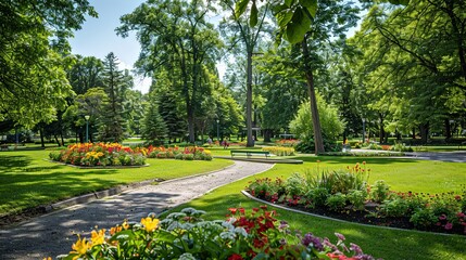 Fototapeta premium Inviting landscape of a public park with tall trees and colorful flower beds, beckoning visitors to explore and enjoy the beauty of nature.