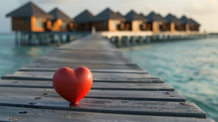 Beautiful landscape water bungalows beach with red heart shape. Generated AI image