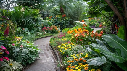 Inviting view of a well-maintained botanical garden, featuring a variety of plant species and colorful floral displays.