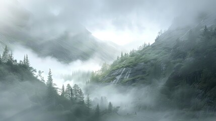 Misty morning fog rolling through the valleys of the mountains, evoking a sense of mystery and enchantment.