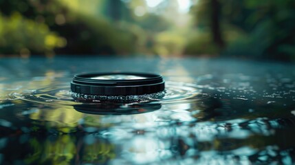 A serene scene of a camera filter, its specialized glass or gel altering the light and mood of a photographic composition on National Camera Day. - Powered by Adobe