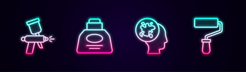 Set line Paint spray gun, Inkwell, and roller brush. Glowing neon icon. Vector