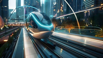 Futuristic magnetic levitation city with fast trains showcasing efficient highspeed rail travel. Concept Futuristic City, Magnetic Levitation, Highspeed Rail, Efficient Travel, Fast Trains