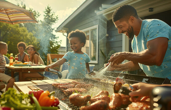 A family is having an outdoor barbecue on the deck of their home