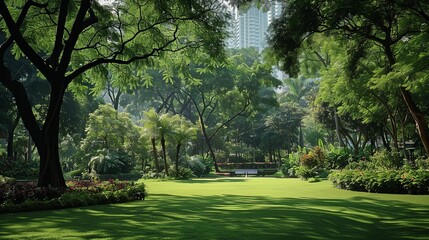 Naklejka premium Scenic view of towering trees and manicured gardens, offering a refreshing oasis for city dwellers to enjoy leisurely strolls.