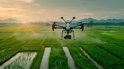 Naklejka premium Stunning aerial perspective of a drone in action, spreading fertilizers over picturesque rice fields, ensuring optimal crop growth.