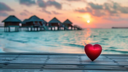 Beautiful landscape water bungalows beach with red heart shape. Generated AI image