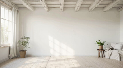 A large, empty room with a window and a plant. The room is very clean and has a minimalist feel