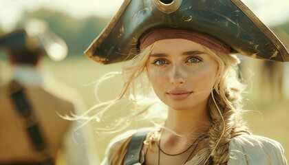 Outdoor portrait of young female in pirate costume