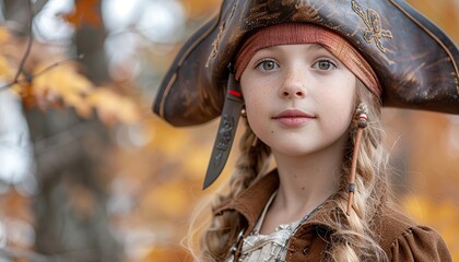 Outdoor portrait of young female in pirate costume with a knife 