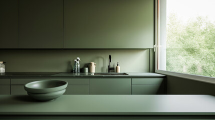 A kitchen with a green countertop and cabinets. A sink is in the middle of the countertop