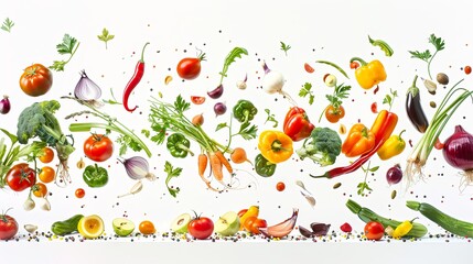 Obraz premium Wholesome vegetables hovering in mid-air against a pure white background, representing the essence of healthy eating and vibrant living.