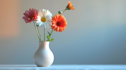 A vibrant bouquet of flowers sits in an oddly shaped vase with only a hint of stem peeking out against a colorful backdrop, Generated by AI