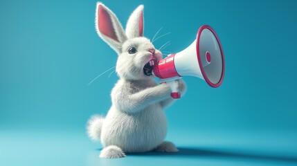 The white hare shouts into a bullhorn