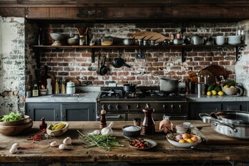 A high-angle view of a rustic kitchen with an exposed brick wall and a wooden farmhouse table laden...