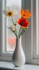 A vibrant bouquet of colorful flowers sits in a uniquely shaped vase with just a hint of their stems peeking out against the backdrop, Generated by AI