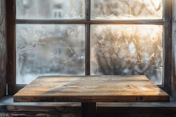 A high-angle view of an empty wooden table in soft winter light from a frosted window