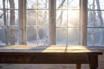 High-angle view of empty wooden table in soft winter light by frosted window