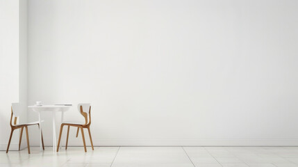 A white room with a table and two chairs. The room is empty and has a minimalist feel