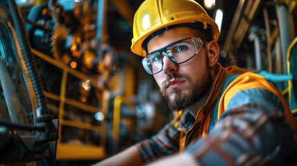 Male machinist in uniform, yellow hard hat and glasses looking at his work