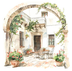 Fototapeta na wymiar Cozy patio with arched doorway and furniture