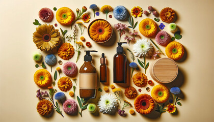 フローラルに囲まれた化粧品のモックアップ