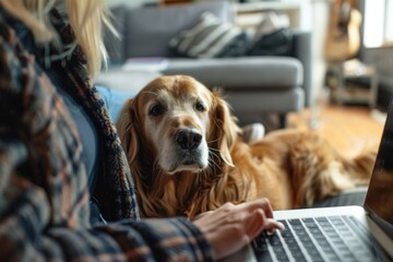 A woman is seated on a couch using a laptop computer, with a dog laying next to her