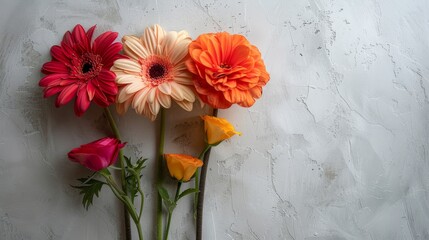 A vibrant bouquet of flowers sits in a unique vase on a backdrop with only a glimpse of the stems showing, Generated by AI