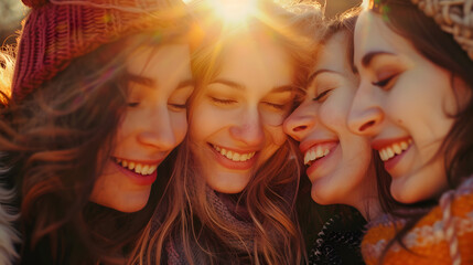 four girls hugging, friendship, complicity, happy, photo