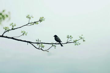 serene scene of a blackbird perched on a spring branch, minimalism in wildlife photography - obrazy, fototapety, plakaty