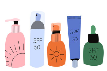 Set of sunscreen moisturizer, sunblock, skin protection and UV rays blocking cream. Skin care routine.