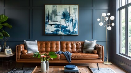 Contemporary Living Room with Dark Blue Wall, Leather Couch, and Stylish Decor. Concept Living Room Design, Dark Blue Wall, Leather Couch, Stylish Decor