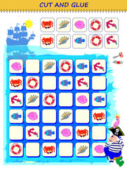 Use a scissors to cut and glue the sea objects in order. Logic Sudoku puzzle game. Educational page for children. Printable template with exercise for kids. Cutting and handwork skills. Vector image.