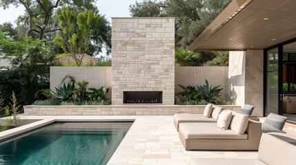 Outdoor lounge area with modern furniture and fireplace, surrounded by garden with tropical plants and trees