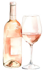 Elegant wine bottle and glass watercolor