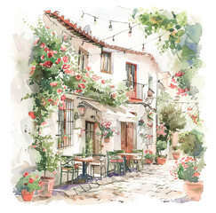 Beautiful watercolor of a blooming cafe front