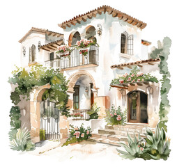 Watercolor of a cozy European style villa