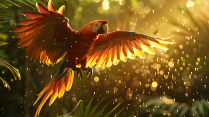 Scarlet macaw flying in sunlight.