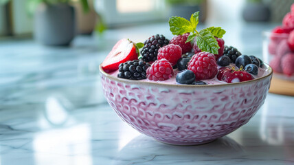 Bowl of mixed berries on table