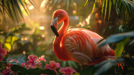 A pink flamingo among flowers at sunset - obrazy, fototapety, plakaty