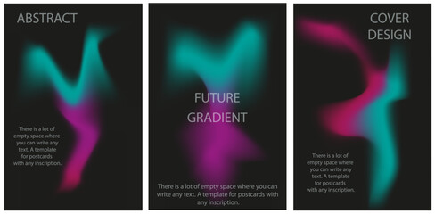 Set Abstract Wave Gradient Posters Cover Design. Future Tachnology banner collection with 3D Silk Texture. Playful vector concept for Music, Science, Corporate in trend 90s style.